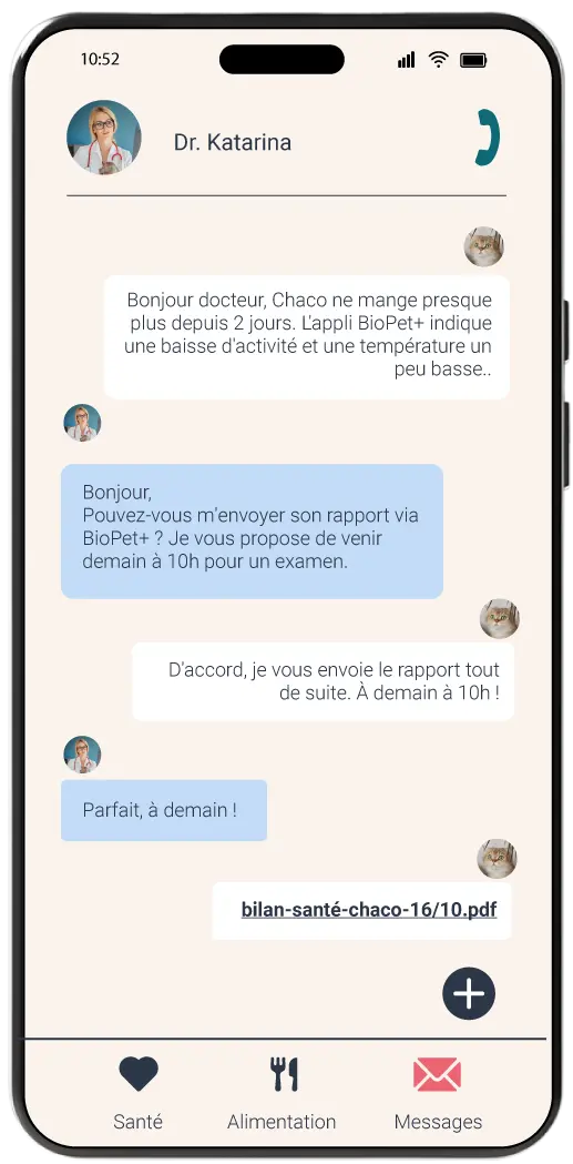 Preview of messaging/sharing in the BioPet+ app