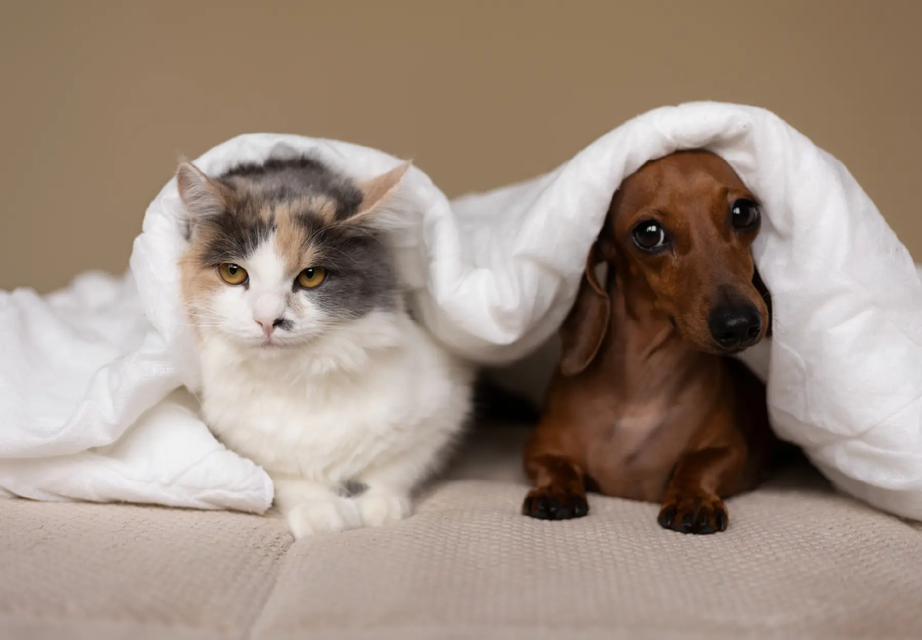 Cat and dog on a soft background, indoor ambience